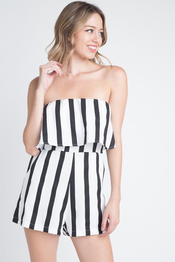 Women's Strapless Stripe Pocket Romper - Shop Luxurious57