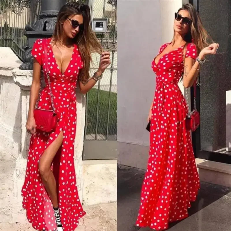 Party Maxi Dress Casual Red White Polka