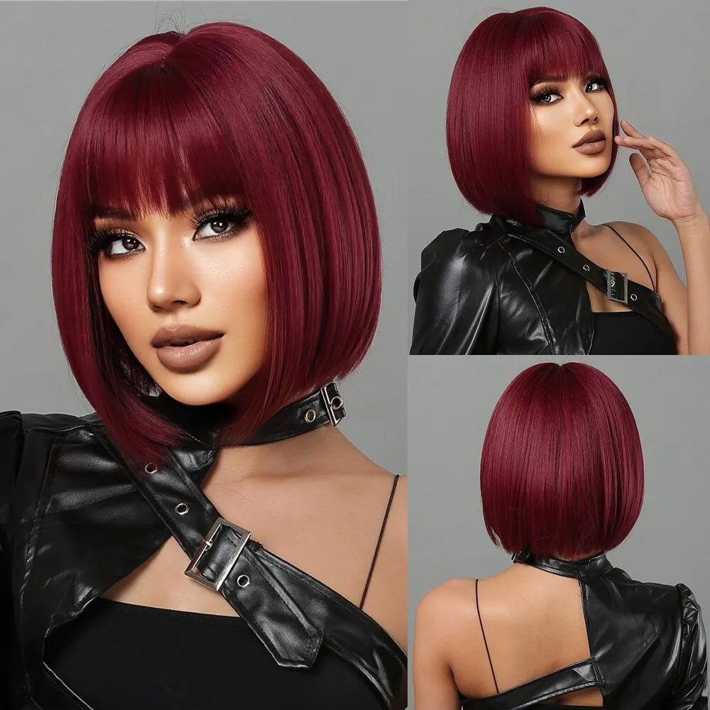 Synthetic Heat Resistant Short Wine Red Bob Wigs For Women