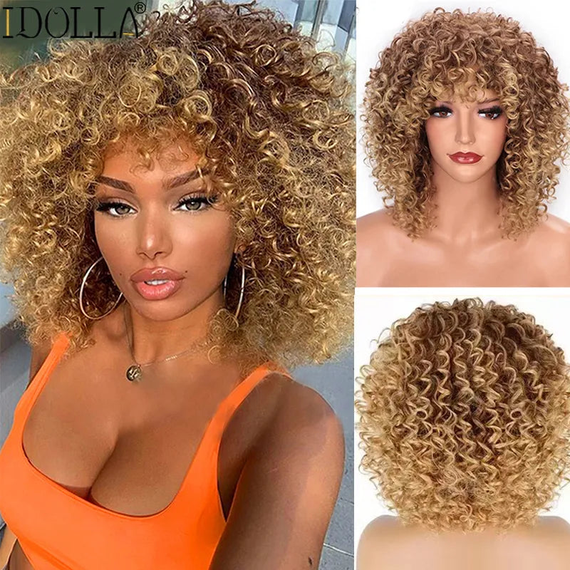 Kinky Curly Wig With Bangs For Women