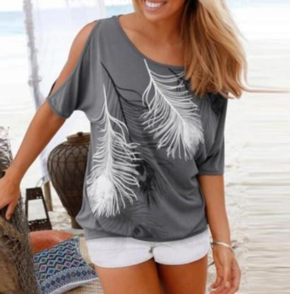 Casual T Shirt with Feather Print - Shop Luxurious57